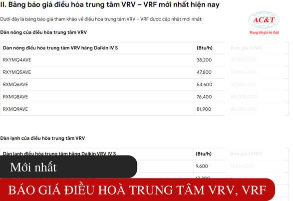[Cập nhật] Bảng báo giá điều hòa trung tâm VRV Daikin mới nhất