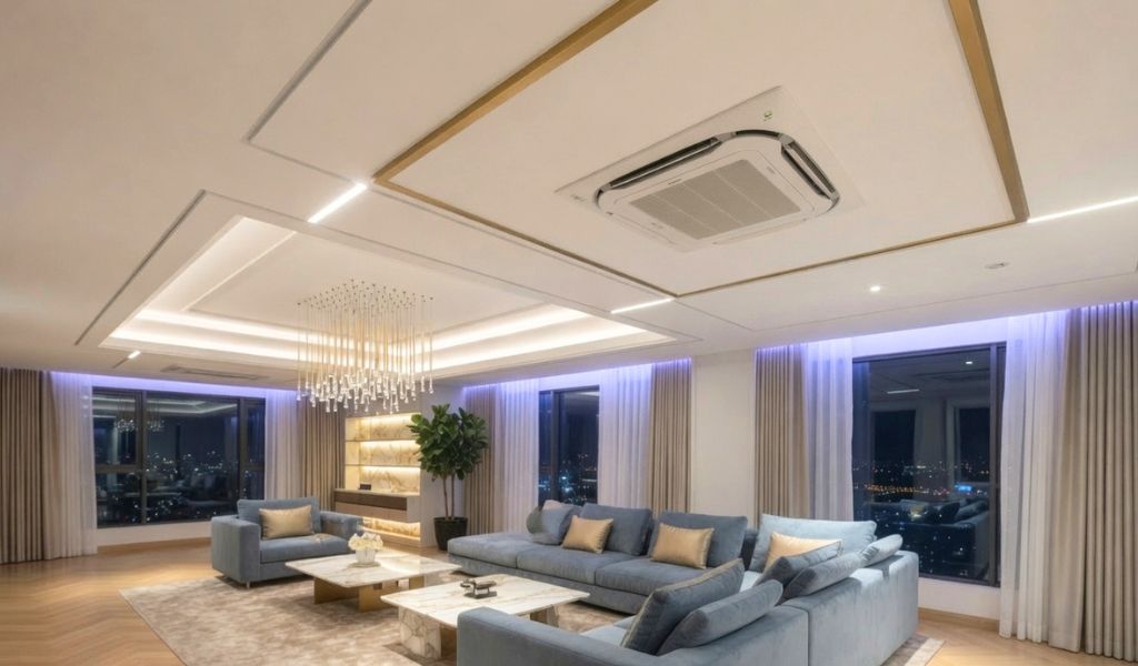 Không gian phòng khách trở nên thẩm mỹ hơn khi lắp điều hòa âm trần