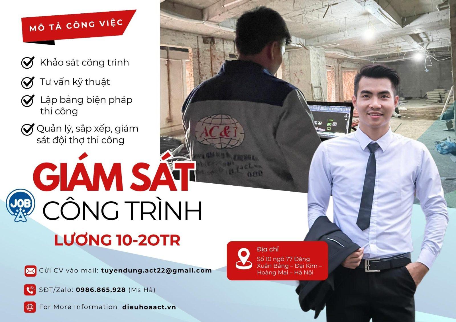 TUYỂN DỤNG KỸ THUẬT GIÁM SÁT CÔNG TRÌNH LƯƠNG 10-20TR
