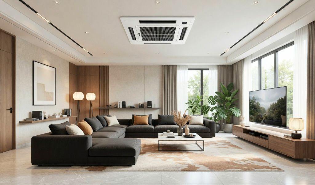 Phòng khách lớn trên 20m2 nên chọn điều hòa âm trần