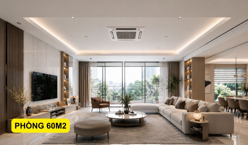 Phòng với 60m2 nên chọn công suất 48.000BTU đến 50.000BTU