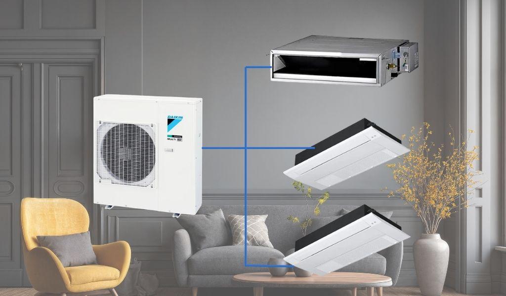 1 ống gió và 2 cassette 1 hướng thổi